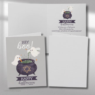 Tarjeta Oye Boo Fantasma Feliz Con Caldero Divertido Hallo