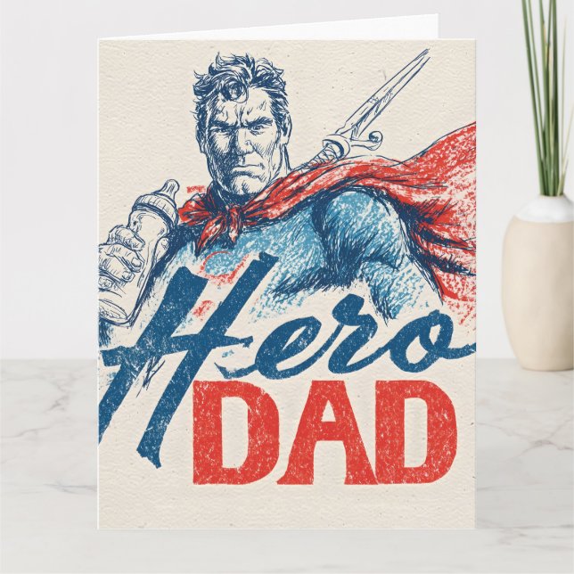 Tarjeta "Padre Héroe" Ilustración de Superhéroe con Biberó (Anverso)