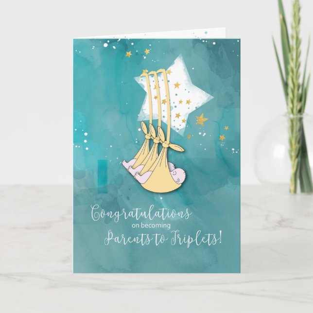 Tarjeta Padres de trillizos, felicitaciones, bebé en estre (Anverso)