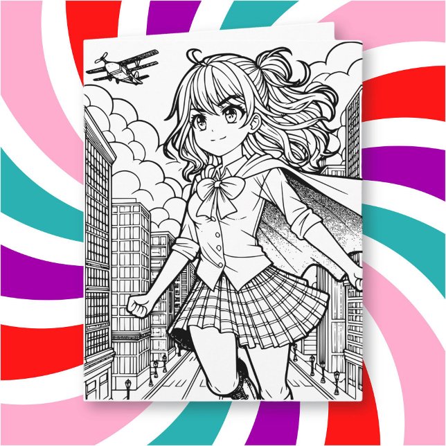 Tarjeta Página Color Me | Anime Superhero Chica Big Birday (Subido por el creador)