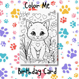 Tarjeta Página de color de gato en flores | Cumpleaños