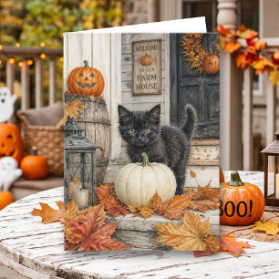 Tarjeta Página para colorear de Halloween de gato negro y 