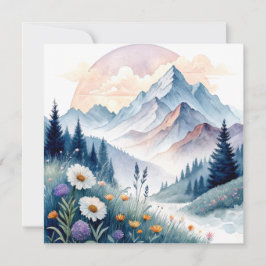 Tarjeta Paisaje alpino acuático con flores silvestres