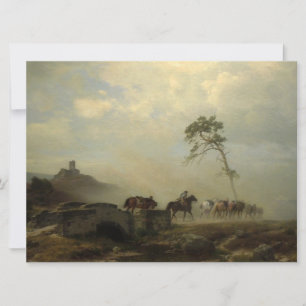 Tarjeta Paisaje con ruinas de castillo y paseos a caballo