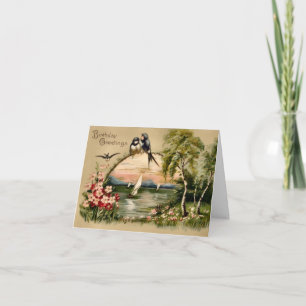 Tarjeta Paisaje de lago vintage con pájaros y barcos