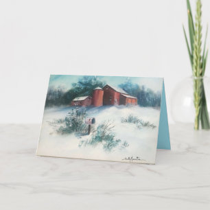 Tarjeta Paisaje de nieve pintando granja rústica con grane