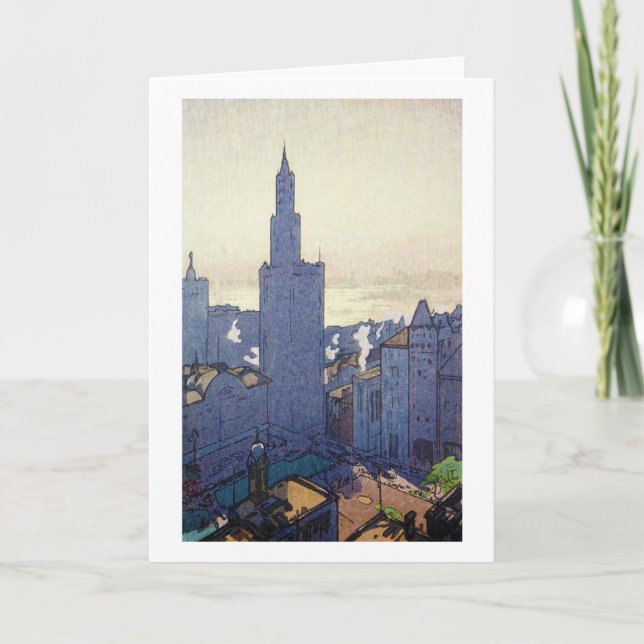 Tarjeta Paisaje de Nueva York, Hiroshi Yoshida, Woodcut (Anverso)