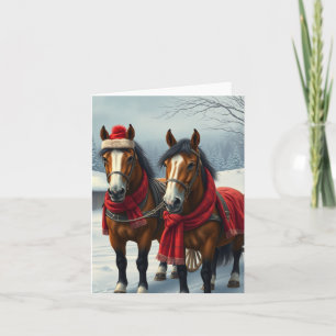 Tarjeta Paisaje invernal con caballos y cabaña