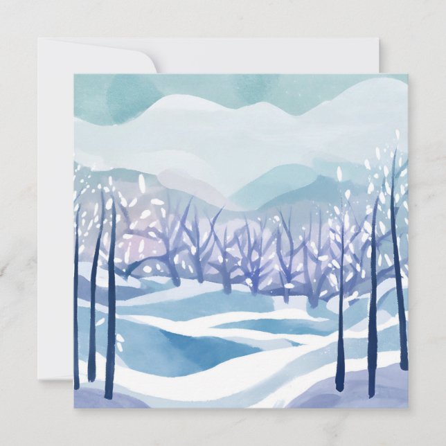 Tarjeta Paisaje invernal pintura en acuarela azul nevada (Anverso)