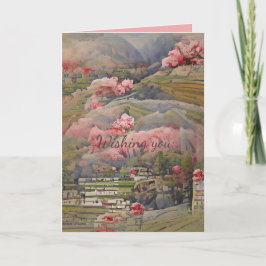 Tarjeta Paisaje japonés con flores rosadas texto personali
