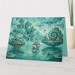 Tarjeta Paisaje marino surreal de ensueño en verde cian