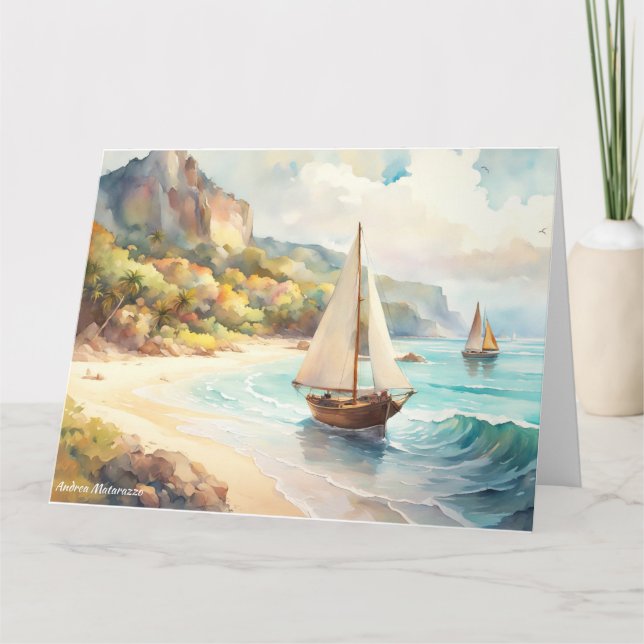 Tarjeta Paisaje marítimo y velero (Anverso)