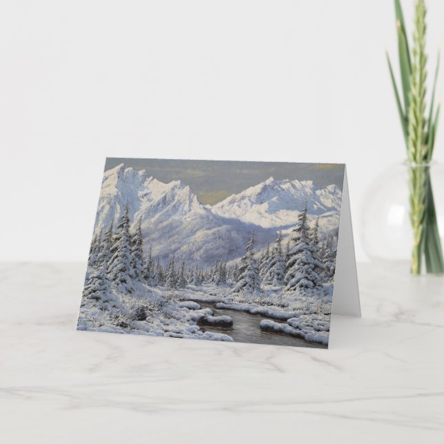 Tarjeta Paisaje navideño vintage con montañas de nieve (Anverso)