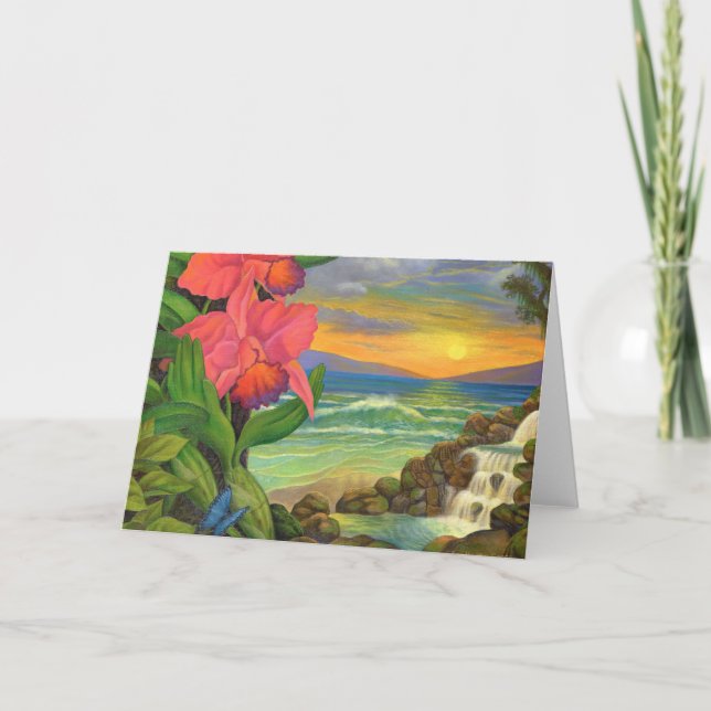 Tarjeta Paisaje Oceánico Orquídeas Pintado Surrealismo Bla (Anverso)