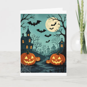 Tarjeta Paisaje oscuro de Halloween con la web de Bats & S