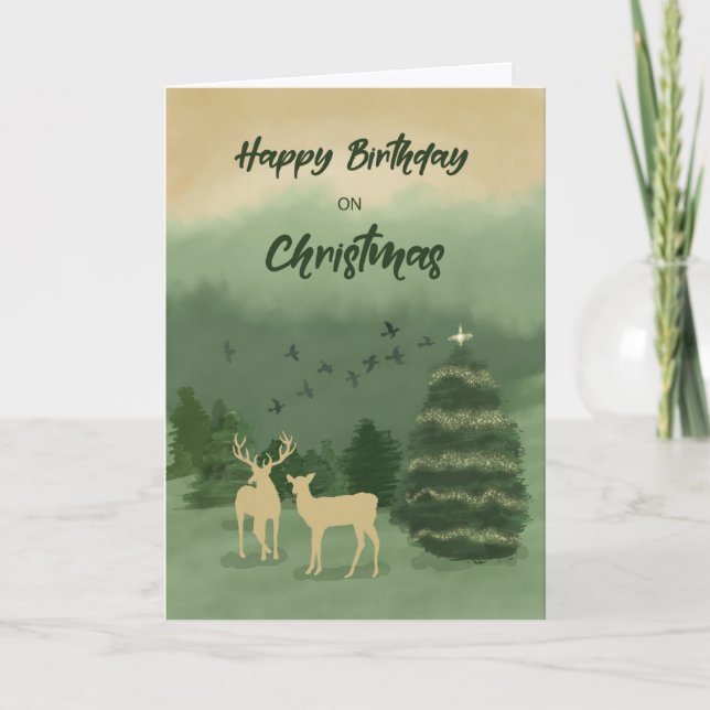 Tarjeta Paisaje verde de cumpleaños con árbol (Anverso)