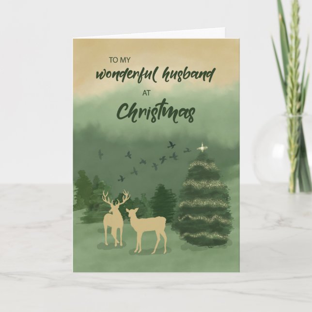 Tarjeta Paisaje verde de los Navidades de marido con árbol (Anverso)