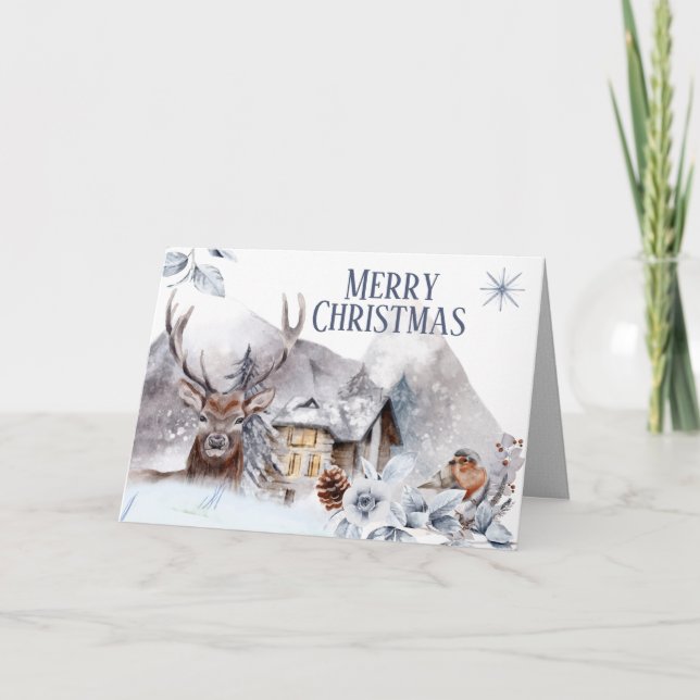 Tarjeta Pajarito de la cabaña del bosque de nieve de invie (Anverso)