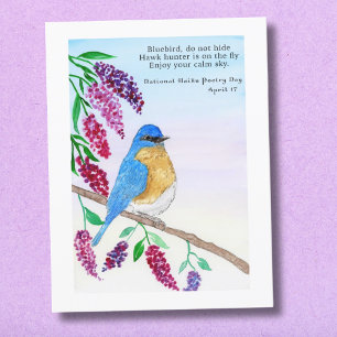Tarjeta Pájaro Azul Acuarela Haiku Nacional En Árbol De Li