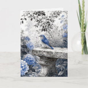 Tarjeta Pájaro Azul De Cumpleaños En Un Banco De Jardín De