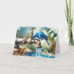 Tarjeta Pájaro azul de cumpleaños en un grifo retro