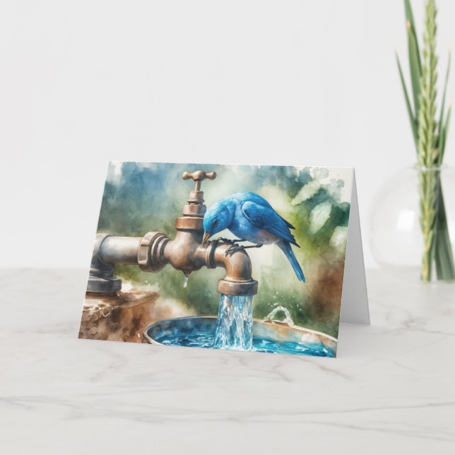 Tarjeta Pájaro azul de cumpleaños en un grifo retro (Anverso)
