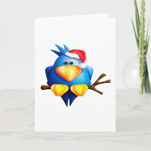 Tarjeta Pájaro azul de Navidad con sombrero de Santa
