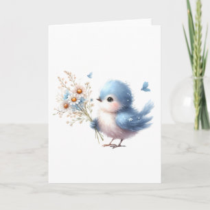 Tarjeta Pájaro azul dulce con Daisy Bouquet en todo moment