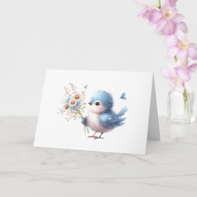 Tarjeta Pájaro azul dulce con Daisy Bouquet en todo moment (Orquídea)