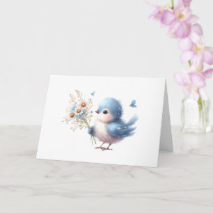 Tarjeta Pájaro azul dulce con Daisy Bouquet en todo moment