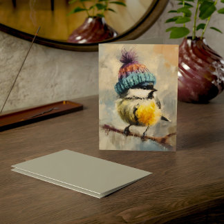 Tarjeta Pájaro Cantador Invernal con Gorro de Punto/Gris H
