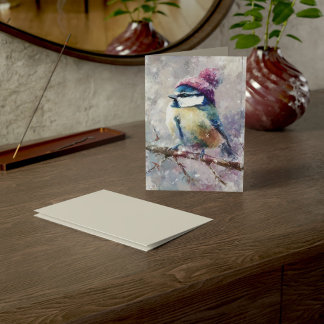 Tarjeta Pájaro Cantador Invernal con Gorro de Punto | Salu