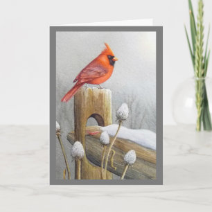 Tarjeta Pájaro Cardenal del Norte Rojo en Arte de Acuarela