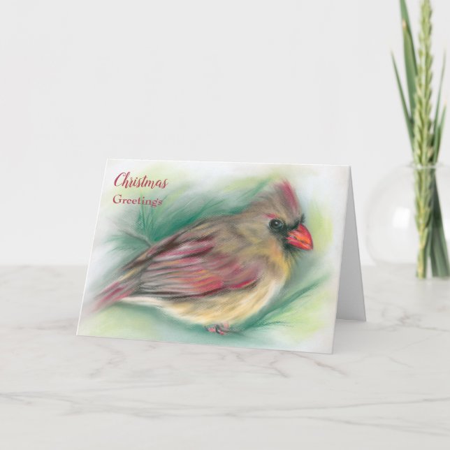 Tarjeta Pájaro cardenal femenino en Navidades de arte de P (Anverso)