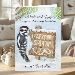 Tarjeta Pájaro carpintero lanudo feliz cumpleaños de febre