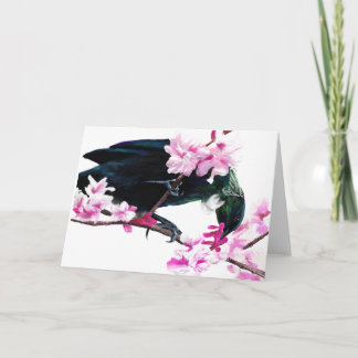 Tarjeta Pájaro de Tui que alimenta en las flores de cerezo