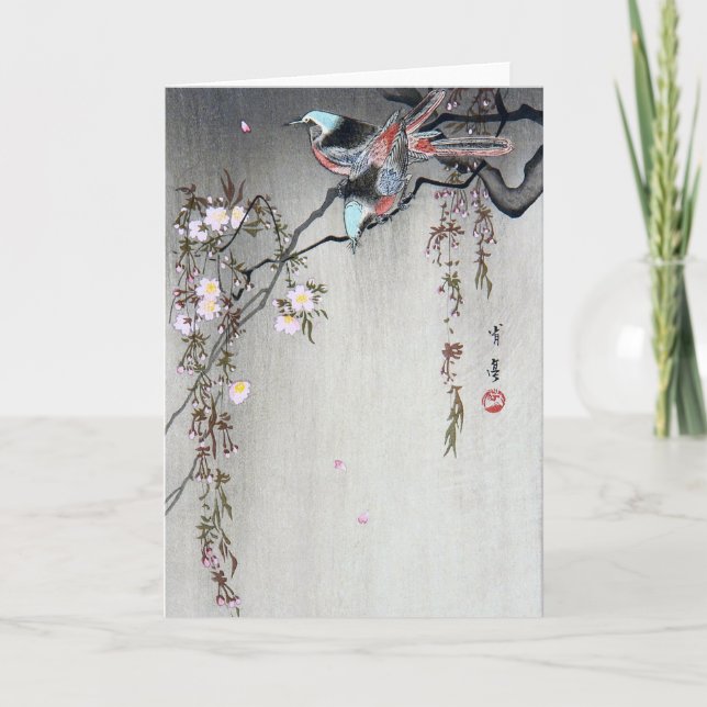 Tarjeta Pájaro en una rama de cerezo que llora, Watanabe S (Anverso)