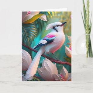 Tarjeta Pájaro Fantasía de Cresta Blanca y Pecho Rosado