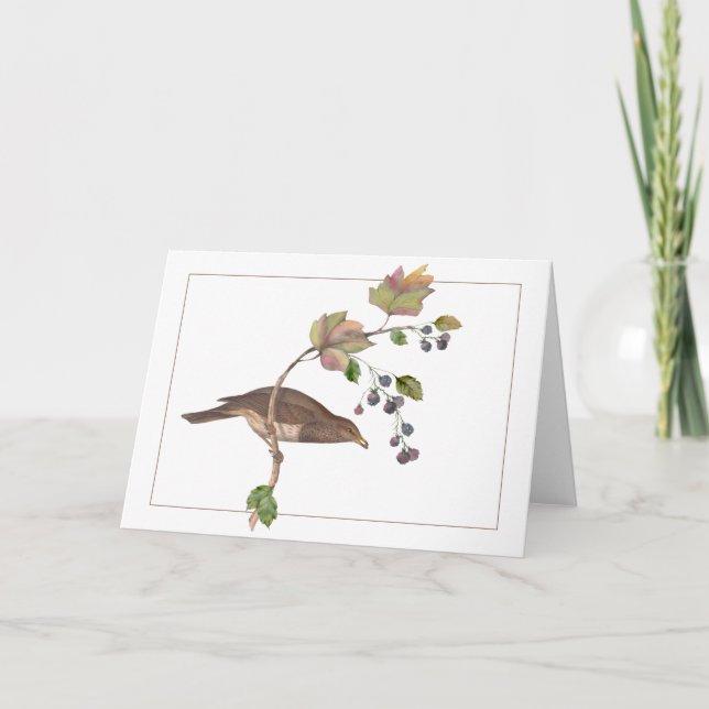 Tarjeta Pájaro marrón en una colorida rama de Blackberry (Anverso)
