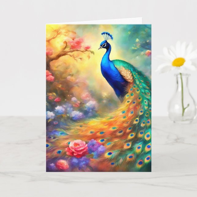 Tarjeta Pájaro pavo real 100 con flores (Planta pequeña)