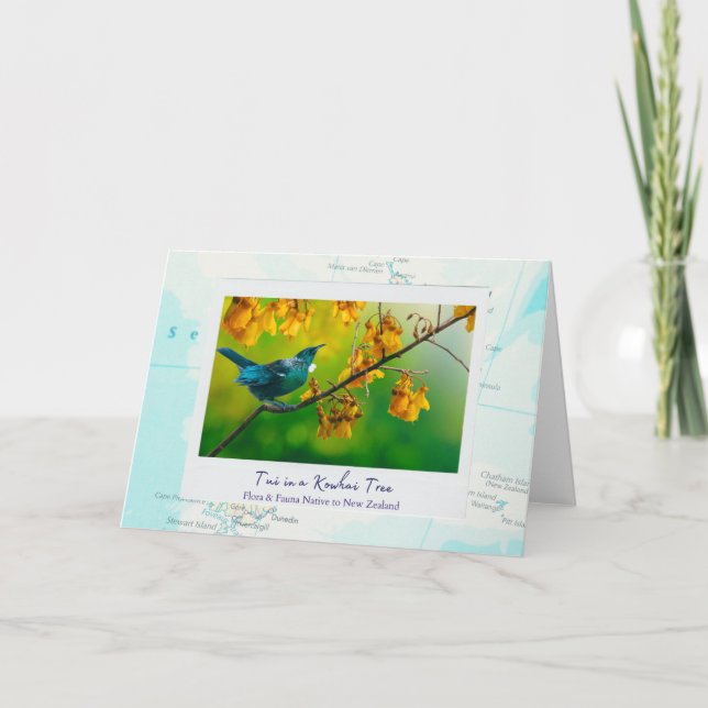 Tarjeta Pájaro tuí azul de Nueva Zelanda en árbol Kowhai e (Anverso)