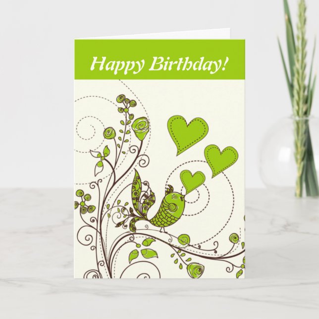 Tarjeta Pájaro y corazones cortos verde floral, personaliz (Anverso)