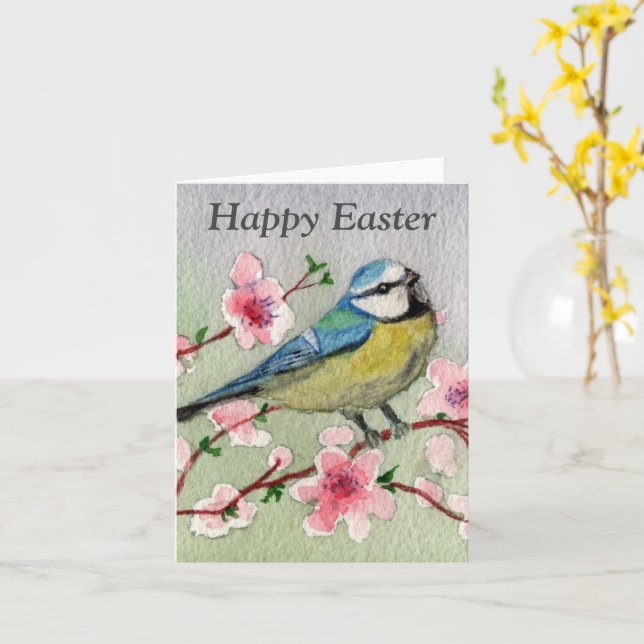 Tarjeta Pájaro y Flores Feliz Pascua (flor amarilla)