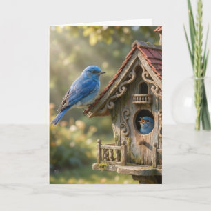 Tarjeta Pájaros azules de cumpleaños con casa para pájaros