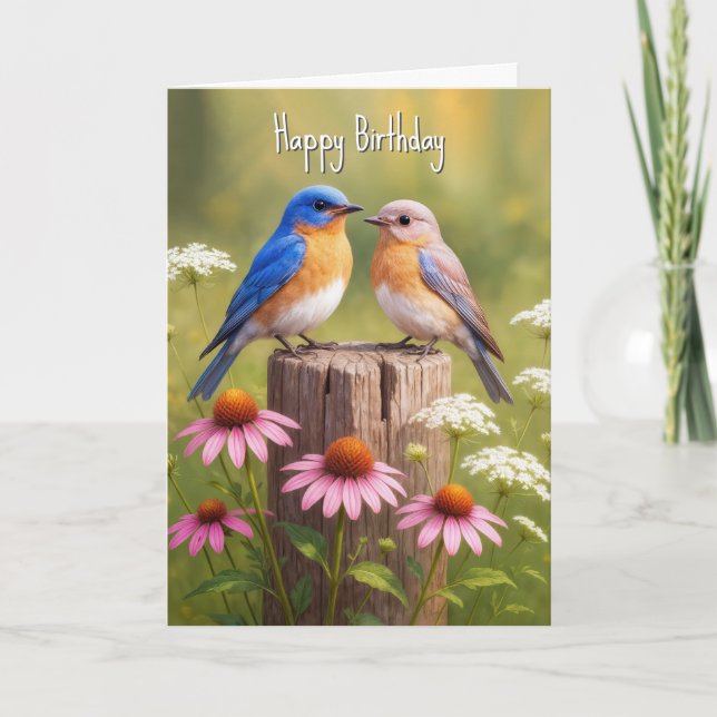 Tarjeta Pájaros azules de cumpleaños en un puesto de cerca (Anverso)