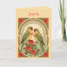 Tarjeta Pájaros cantores y rosas rojas Arte Nouveau Ilustr