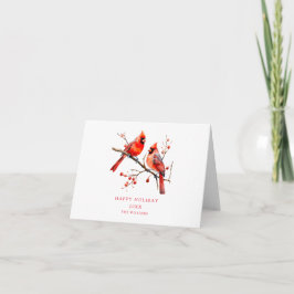 Tarjeta Pájaros Cardenales Rojos en Rama de Árbol de Acebo