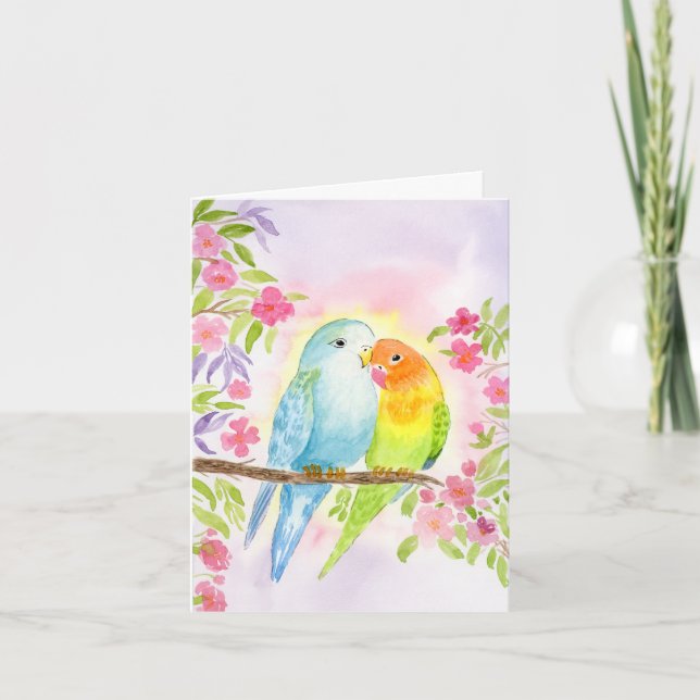 Tarjeta Pájaros de amor acuarela con flores rosas (Anverso)