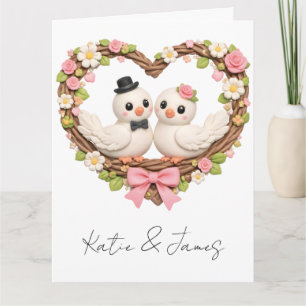 Tarjeta Pájaros de Amor Adorables en Corona Floral con For