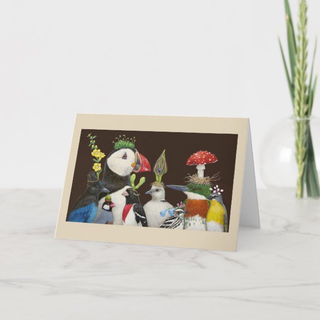 Tarjeta pájaros fiestas con tocan (Anverso)